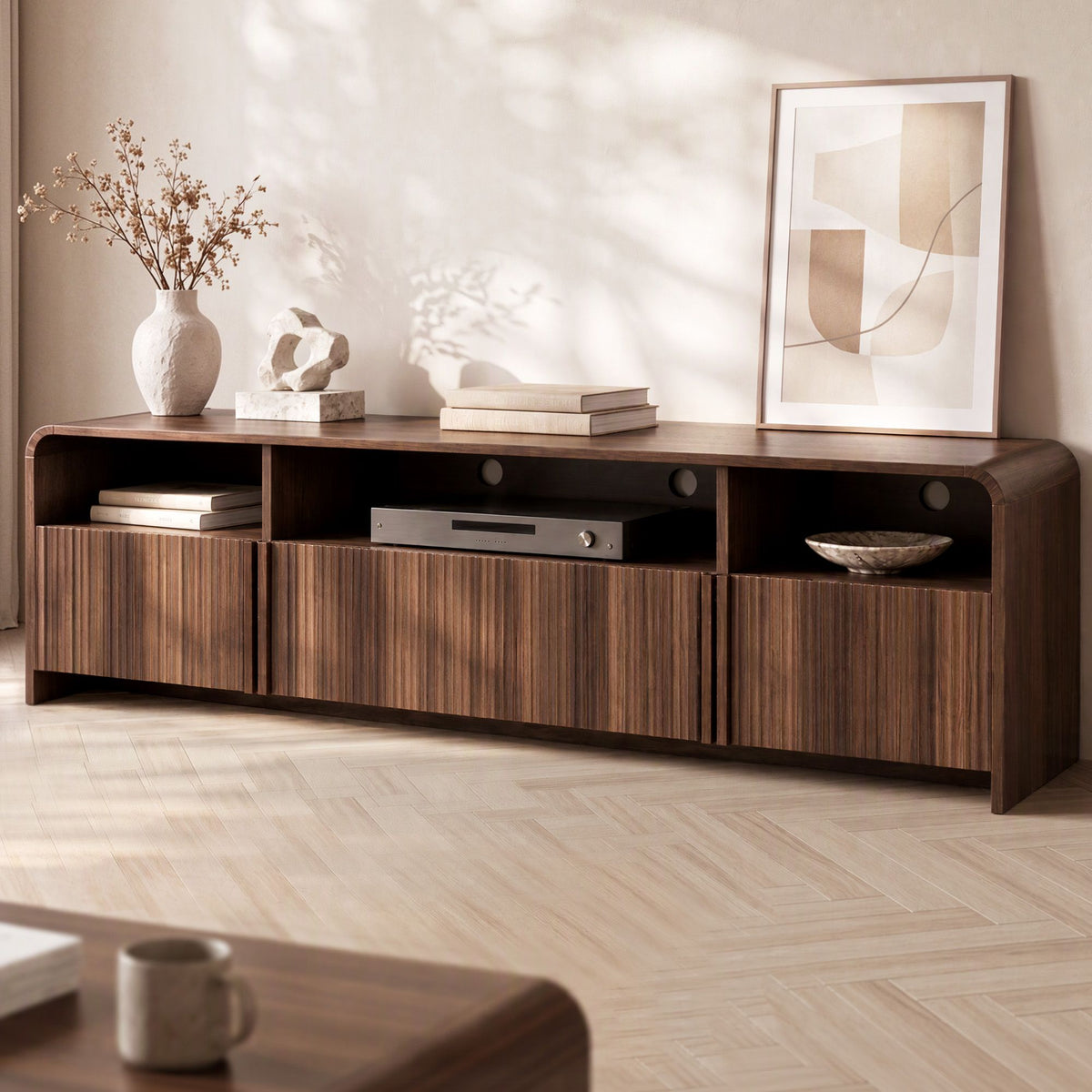 Artiss 180cm TV Unit Storage Cabinet Shelf Fluted Front Rounded Edge Anti-tip Kit Walnut-Furniture > Living Room > TV Units-PEROZ Accessories