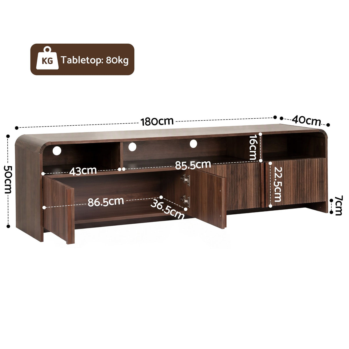 Artiss 180cm TV Unit Storage Cabinet Shelf Fluted Front Rounded Edge Anti-tip Kit Walnut-Furniture > Living Room > TV Units-PEROZ Accessories