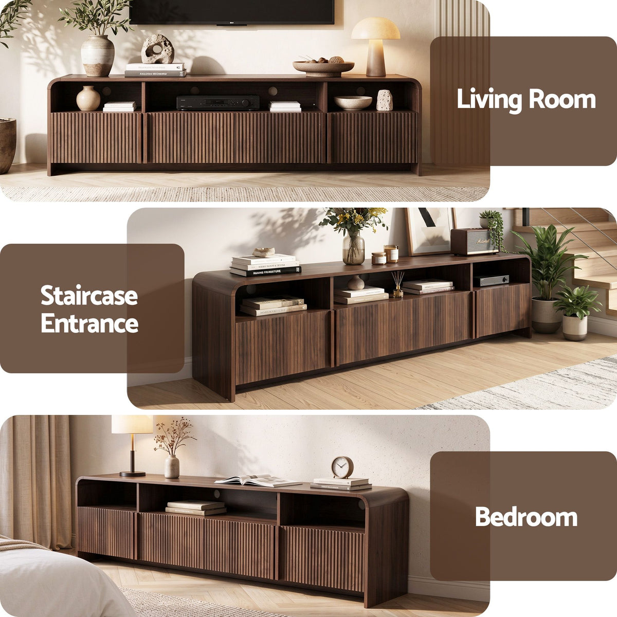 Artiss 180cm TV Unit Storage Cabinet Shelf Fluted Front Rounded Edge Anti-tip Kit Walnut-Furniture > Living Room > TV Units-PEROZ Accessories