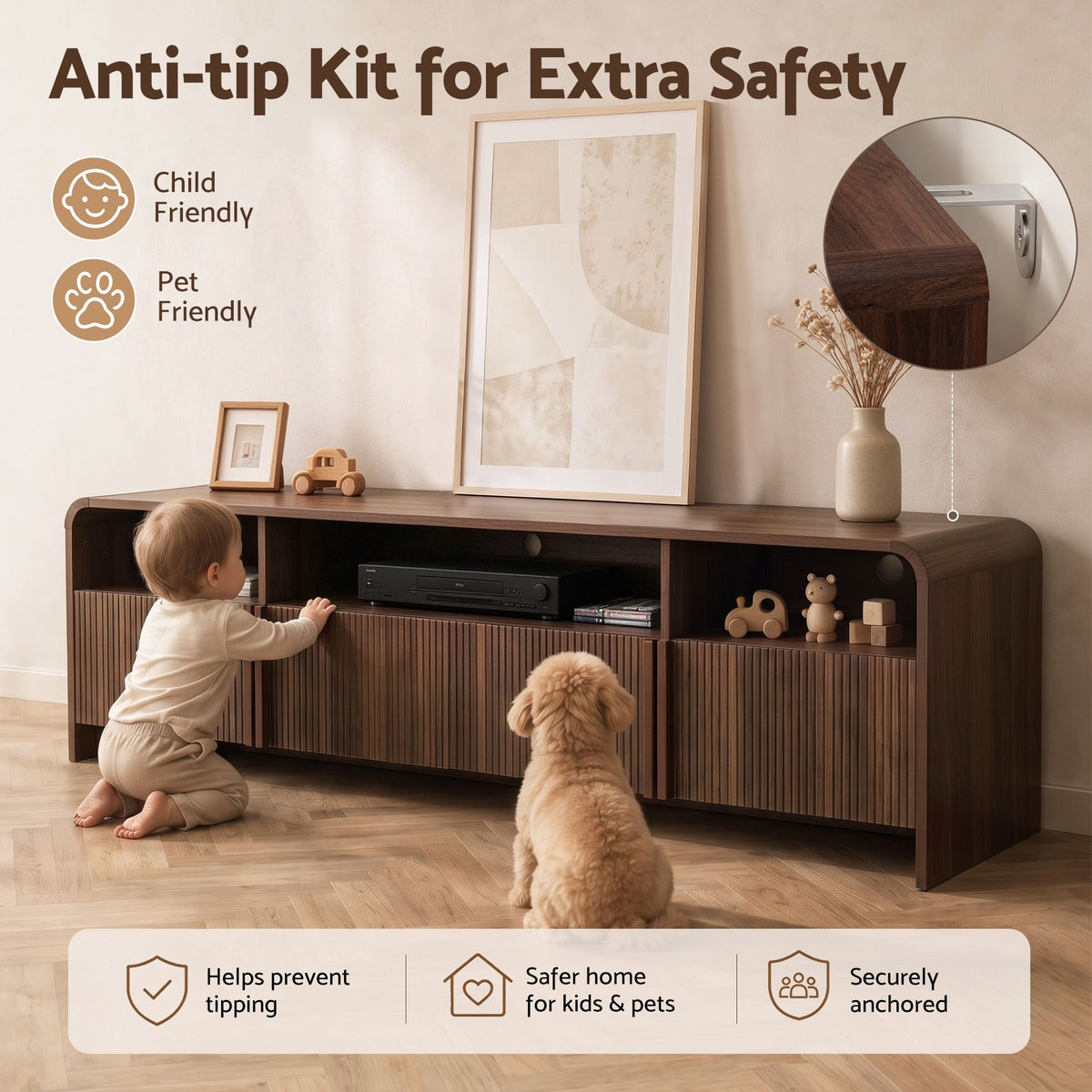 Artiss 180cm TV Unit Storage Cabinet Shelf Fluted Front Rounded Edge Anti-tip Kit Walnut-Furniture > Living Room > TV Units-PEROZ Accessories
