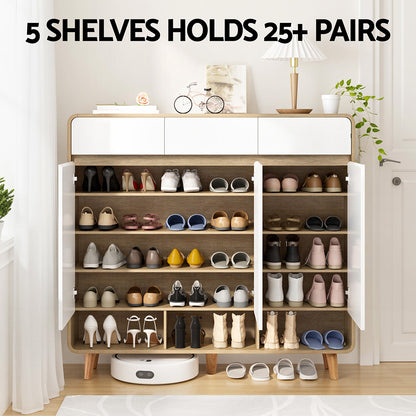 Artiss Shoe Rack Cabinet 25 Pairs Storage Cupboard Pine&amp;White-Furniture &gt; Living Room &gt; Shoe Storage-PEROZ Accessories
