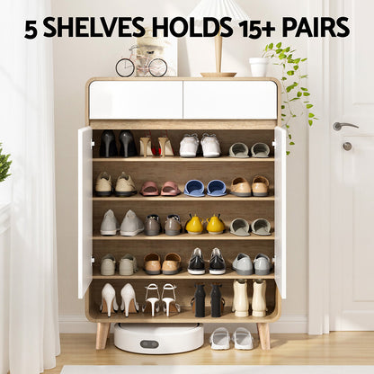 Artiss Shoe Rack Cabinet 20 Pairs Storage Cupboard Pine&amp;White-Furniture &gt; Living Room &gt; Shoe Storage-PEROZ Accessories