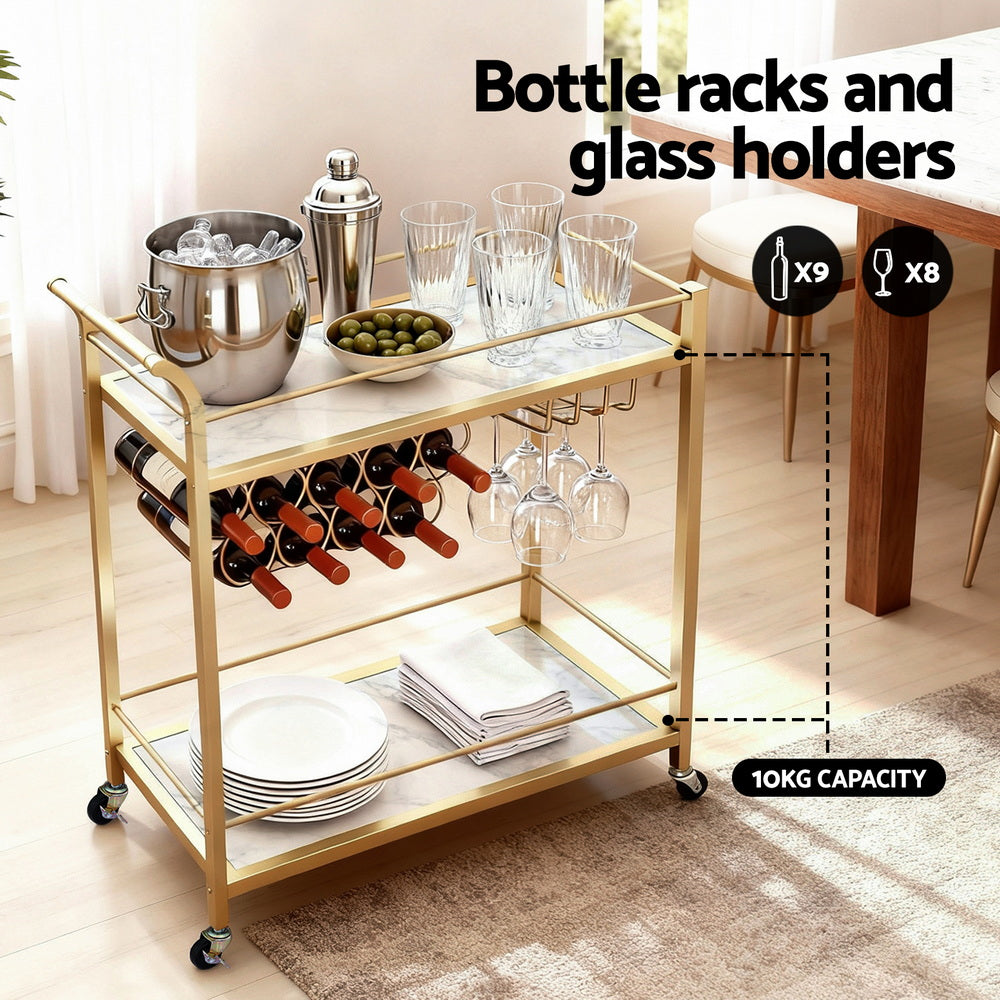 Artiss Bar Cart Drinks Trolley Serving Wine Rack Glass Holder Marble 85cm Gold-Furniture &gt; Dining &gt; Kitchen &amp; Dining Trolleys-PEROZ Accessories