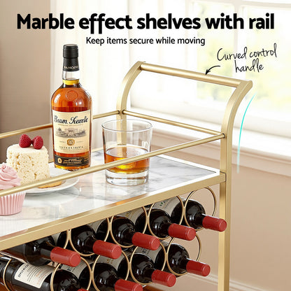 Artiss Bar Cart Drinks Trolley Serving Wine Rack Glass Holder Marble 85cm Gold-Furniture &gt; Dining &gt; Kitchen &amp; Dining Trolleys-PEROZ Accessories