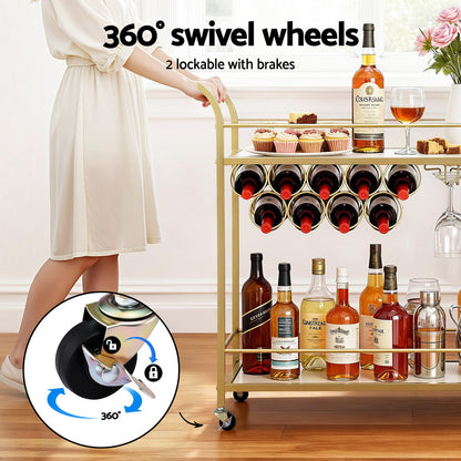 Artiss Bar Cart Drinks Trolley Serving Wine Rack Glass Holder Marble 85cm Gold-Furniture &gt; Dining &gt; Kitchen &amp; Dining Trolleys-PEROZ Accessories