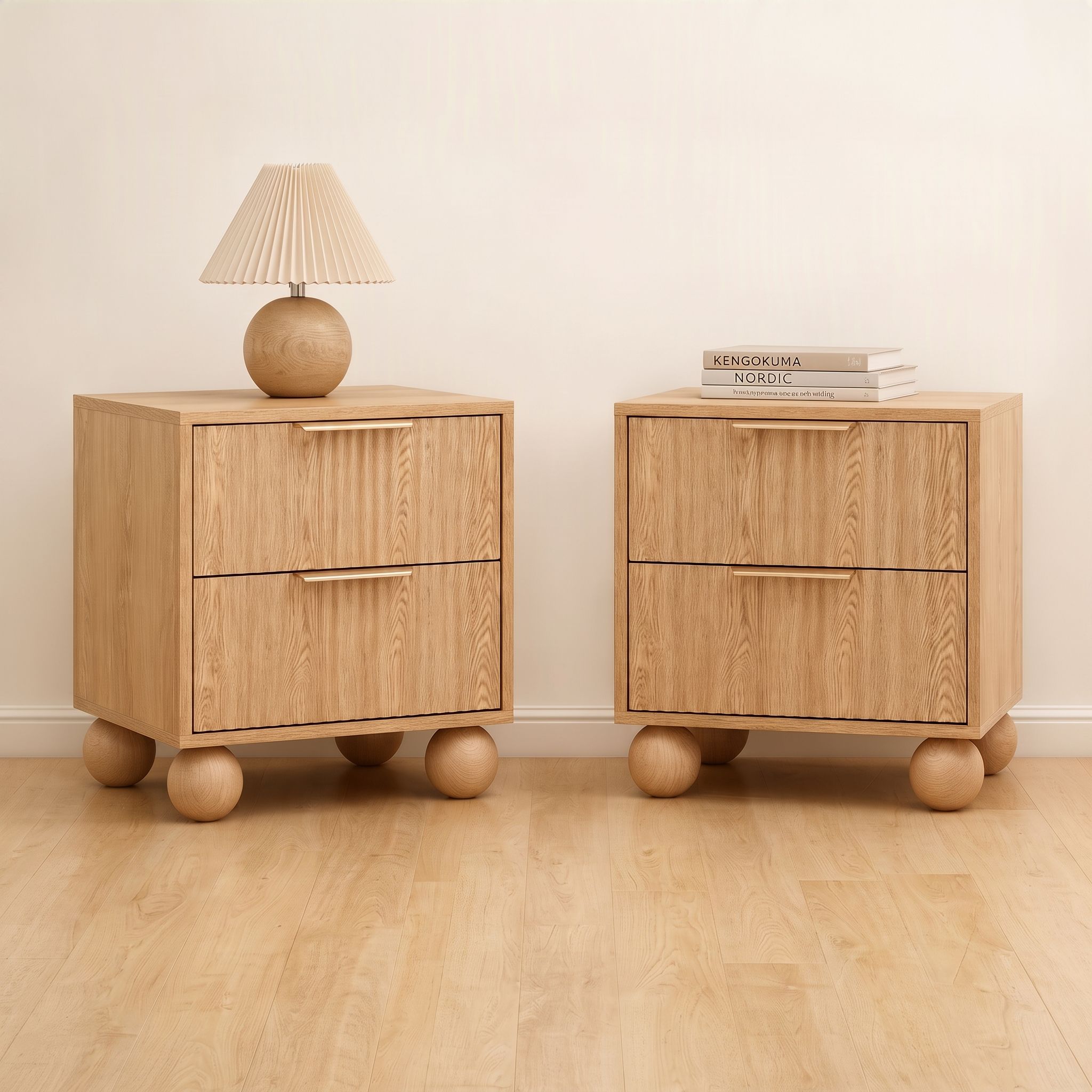 Artiss 2x Bedside Table Round Legs 2 Drawers Pine