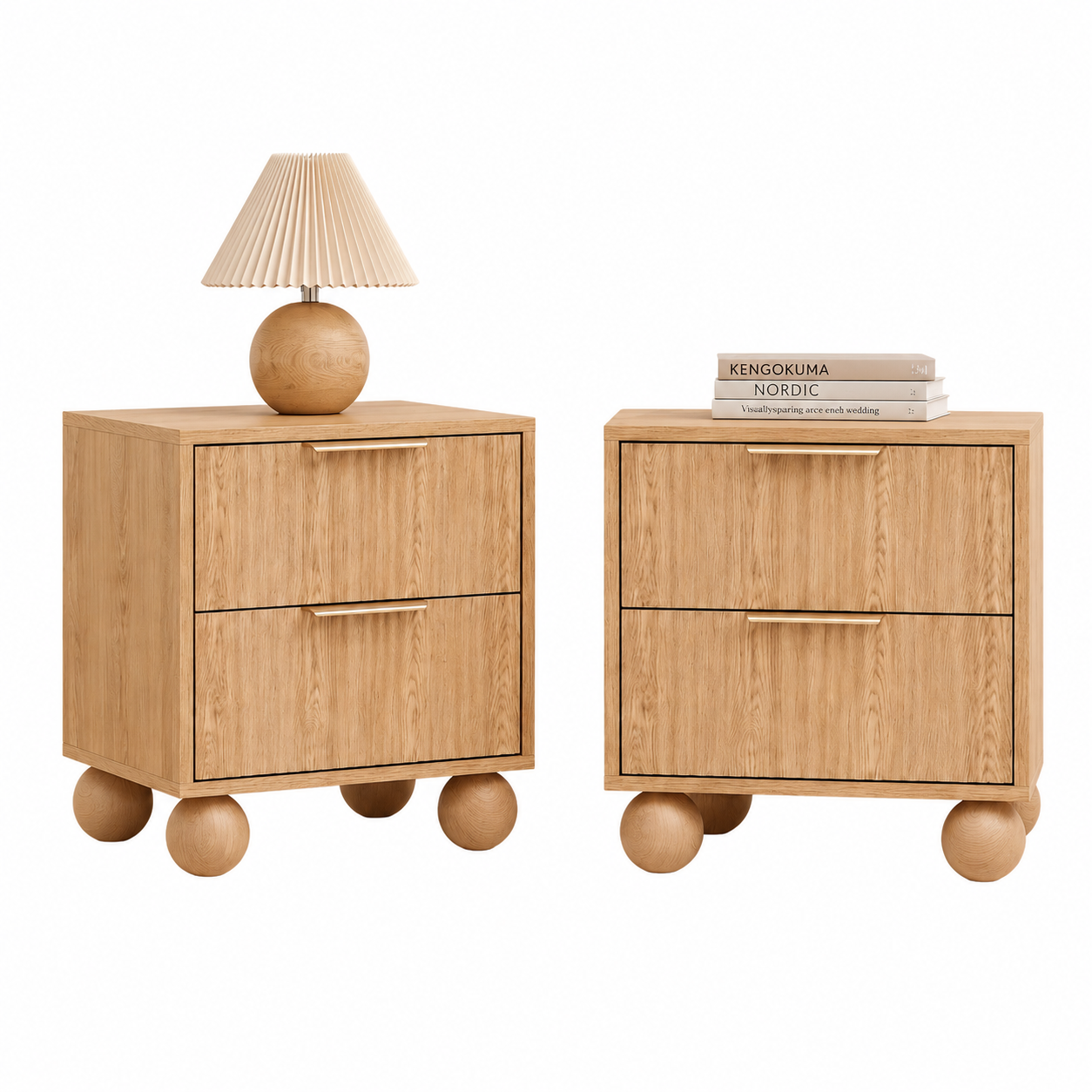 Artiss 2x Bedside Table Round Legs 2 Drawers Pine