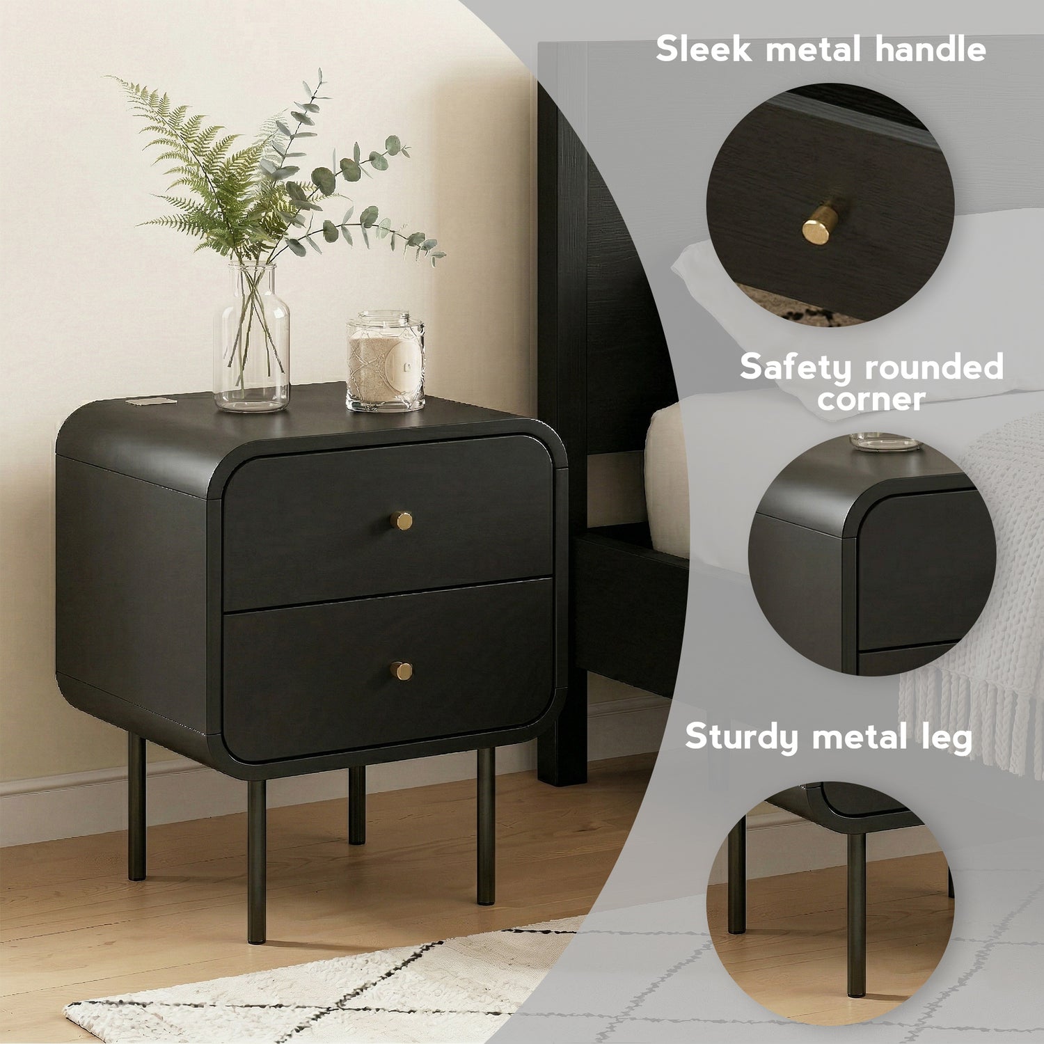 Artiss Bedside Table 2 Drawers Side End Table Nightstand Black-Furniture > Bedroom > Bedside Tables-PEROZ Accessories