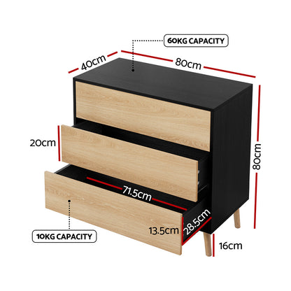 Artiss 3 Chest of Drawers Dresser Table Black&amp;Pine-Furniture &gt; Bedroom &gt; Dressers-PEROZ Accessories