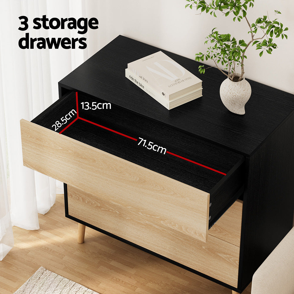 Artiss 3 Chest of Drawers Dresser Table Black&amp;Pine-Furniture &gt; Bedroom &gt; Dressers-PEROZ Accessories