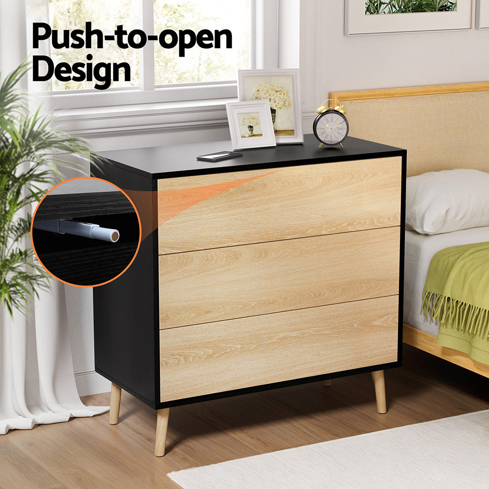Artiss 3 Chest of Drawers Dresser Table Black&amp;Pine-Furniture &gt; Bedroom &gt; Dressers-PEROZ Accessories