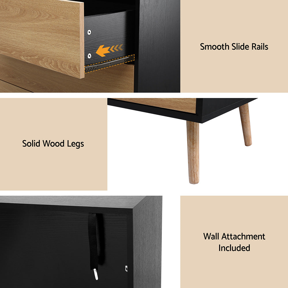 Artiss 3 Chest of Drawers Dresser Table Black&amp;Pine-Furniture &gt; Bedroom &gt; Dressers-PEROZ Accessories