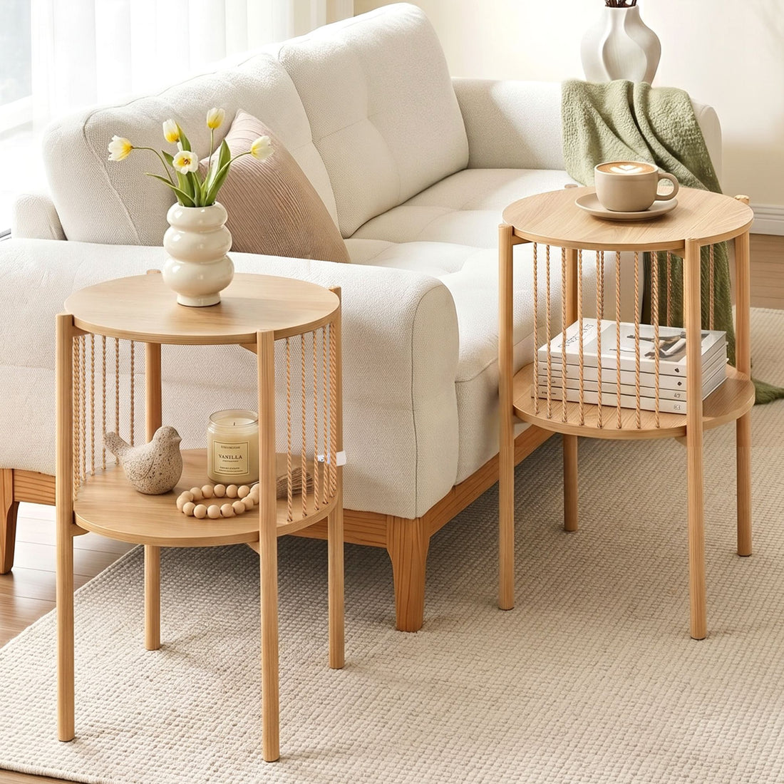 Artiss Set of 2 End Tables Coffee Table 2-Tier Round Wood-Furniture > Living Room > Coffee Tables-PEROZ Accessories