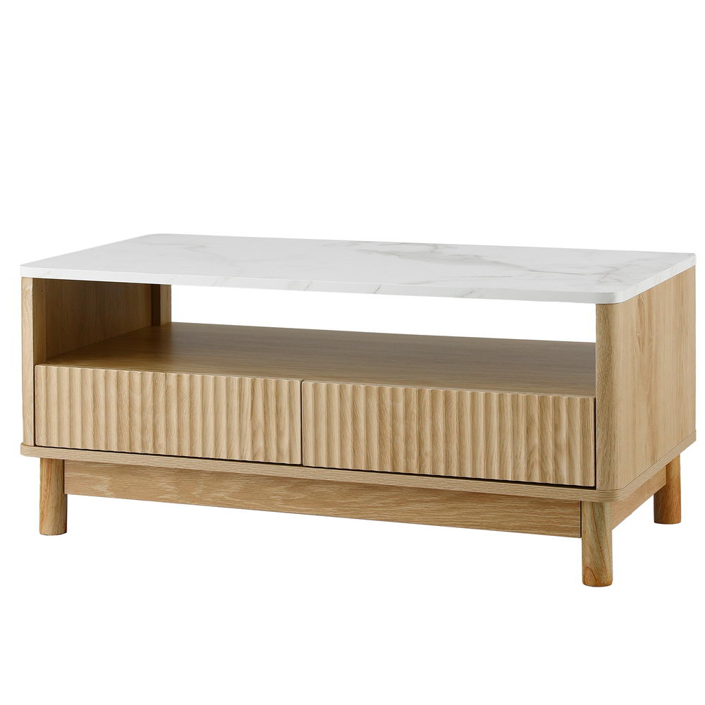 Artiss Coffee Table Drawer Shelf Marble Effect Wood&amp;White-Furniture &gt; Living Room &gt; Coffee Tables-PEROZ Accessories