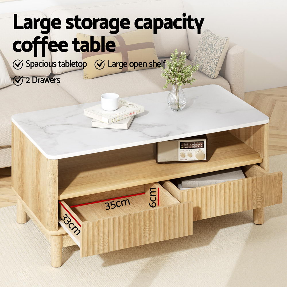 Artiss Coffee Table Drawer Shelf Marble Effect Wood&amp;White-Furniture &gt; Living Room &gt; Coffee Tables-PEROZ Accessories
