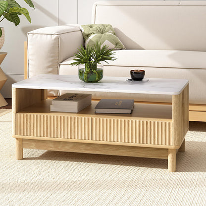 Artiss Coffee Table Drawer Shelf Marble Effect Wood&amp;White-Furniture &gt; Living Room &gt; Coffee Tables-PEROZ Accessories