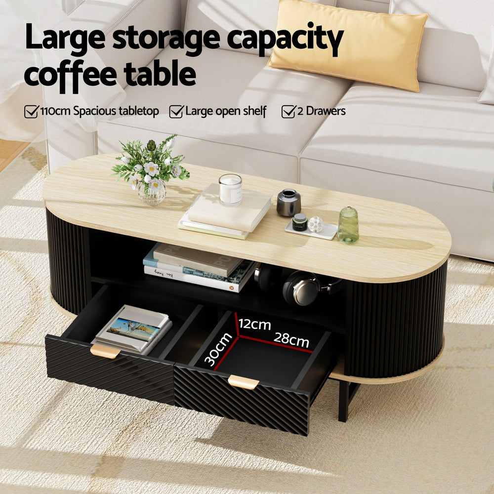 Artiss Coffee Table Drawer Shelf Wood&amp;Black-Furniture &gt; Living Room &gt; Coffee Tables-PEROZ Accessories