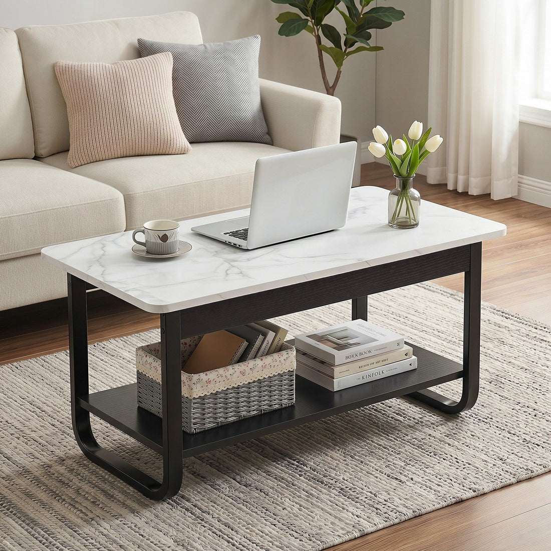 Artiss Coffee Table 2-Tier 80CM Marble Finish Shelf Black&amp;White