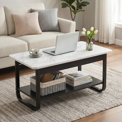 Artiss Coffee Table 2-Tier 80CM Marble Finish Shelf Black&amp;White