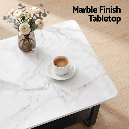 Artiss Coffee Table 2-Tier 80CM Marble Finish Shelf Black&amp;White