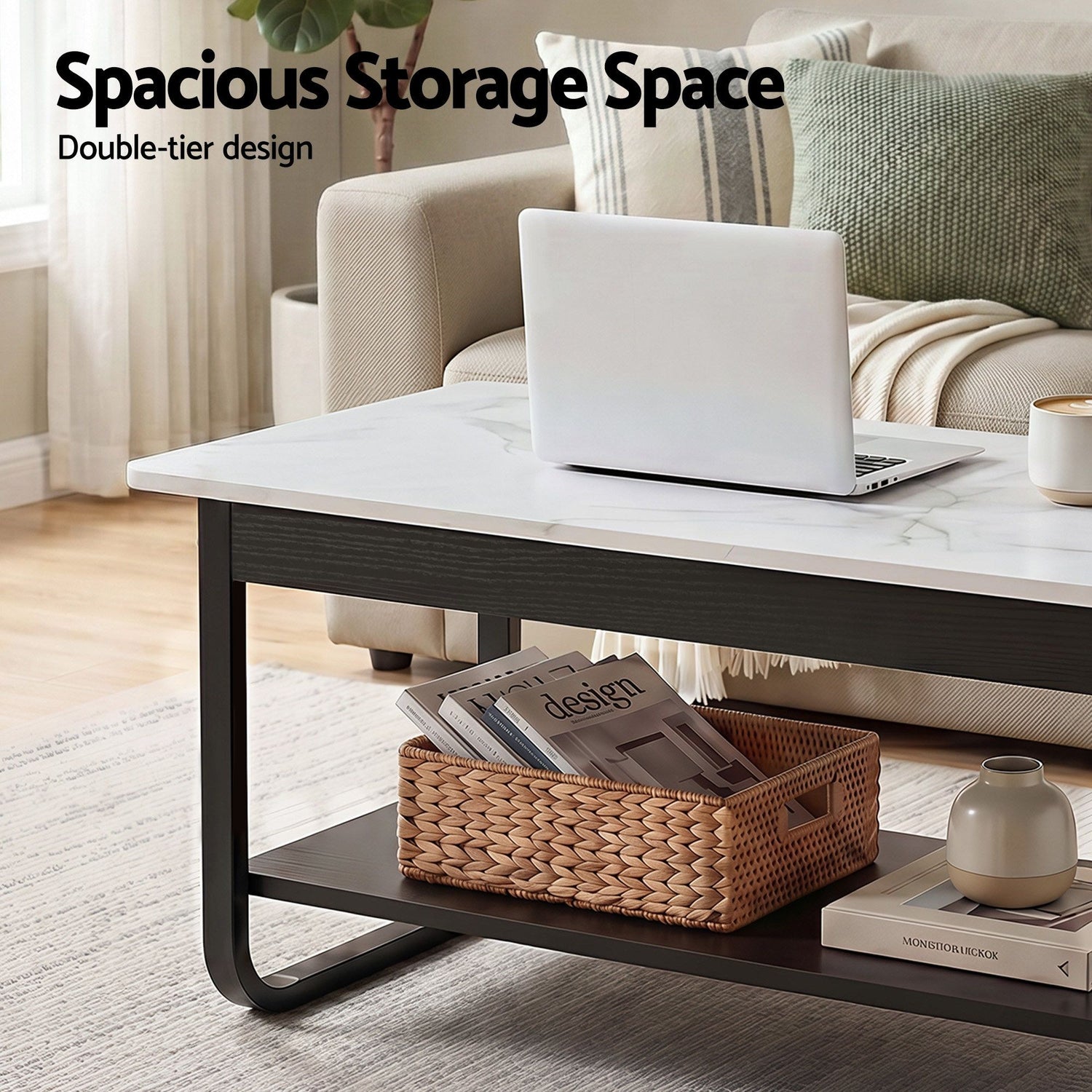 Artiss Coffee Table 2-Tier 80CM Marble Finish Shelf Black&amp;White