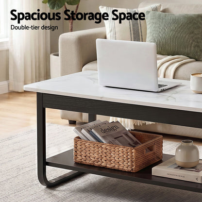 Artiss Coffee Table 2-Tier 80CM Marble Finish Shelf Black&amp;White