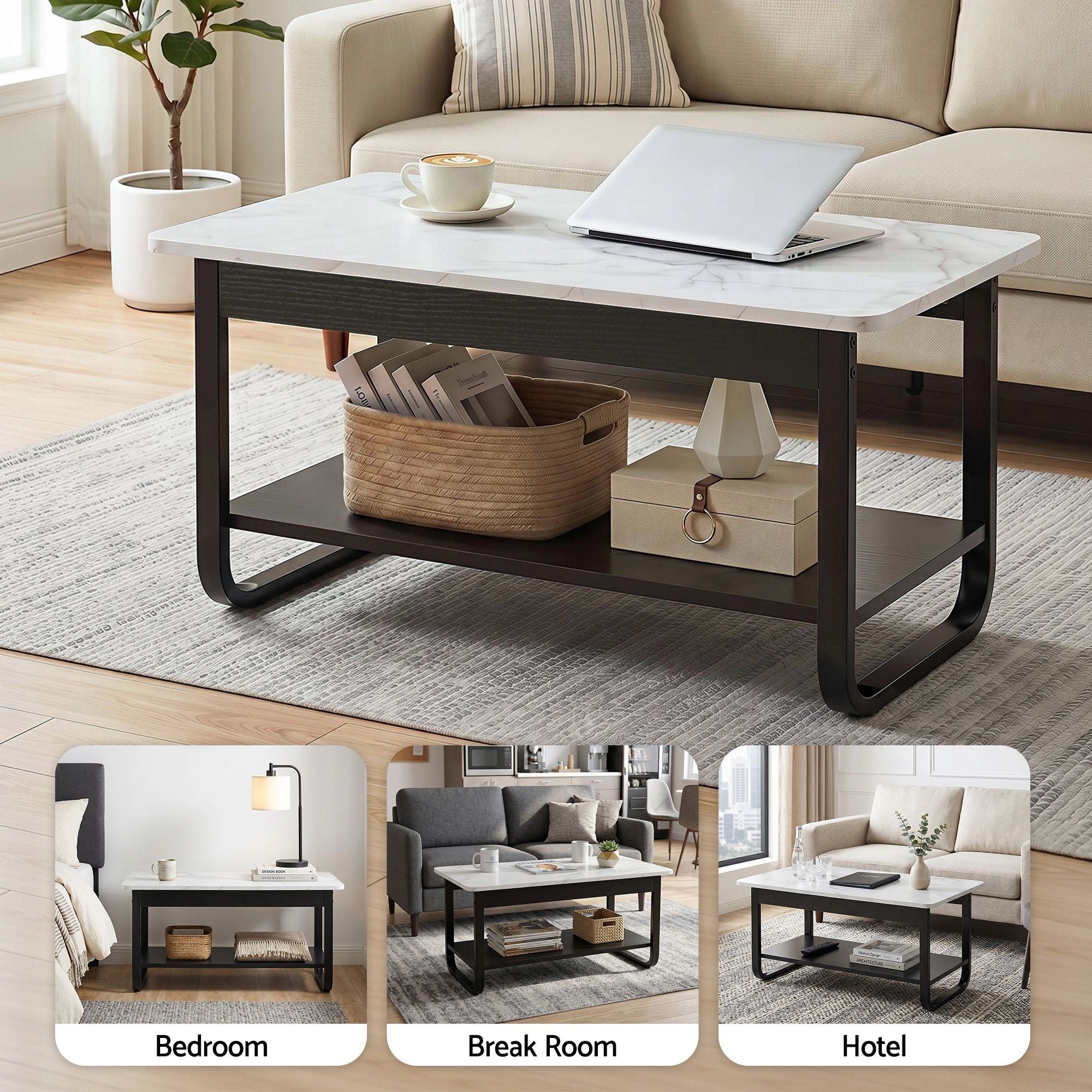 Artiss Coffee Table 2-Tier 80CM Marble Finish Shelf Black&amp;White