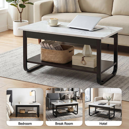 Artiss Coffee Table 2-Tier 80CM Marble Finish Shelf Black&amp;White