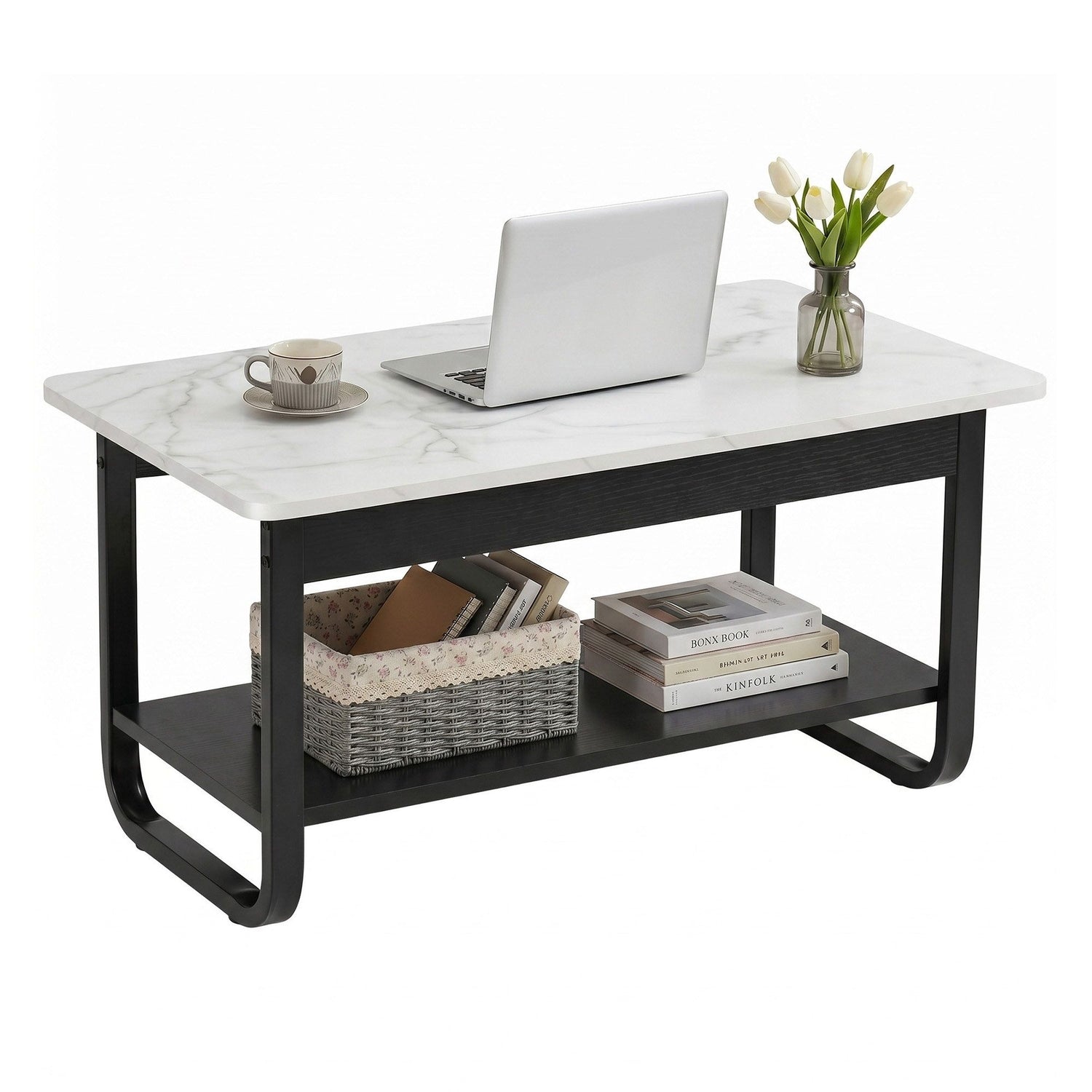 Artiss Coffee Table 2-Tier 80CM Marble Finish Shelf Black&amp;White