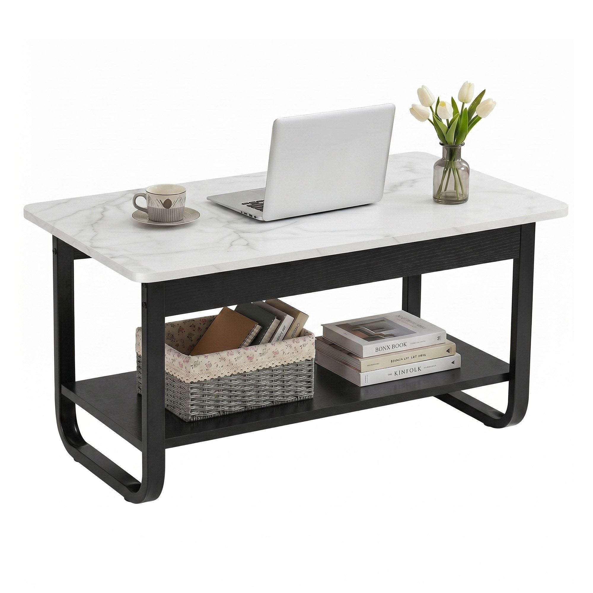 Artiss Coffee Table 2-Tier 80CM Marble Finish Shelf Black&amp;White