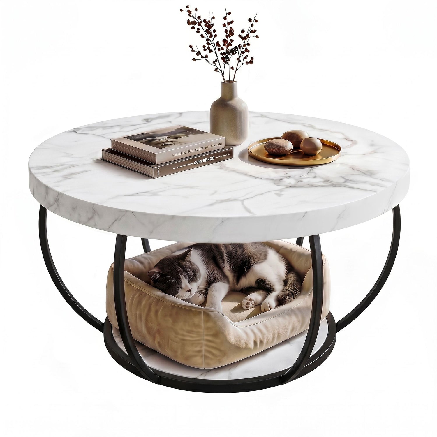 Artiss Coffee Table 2-Tier Marble Finish Round White&amp;Black
