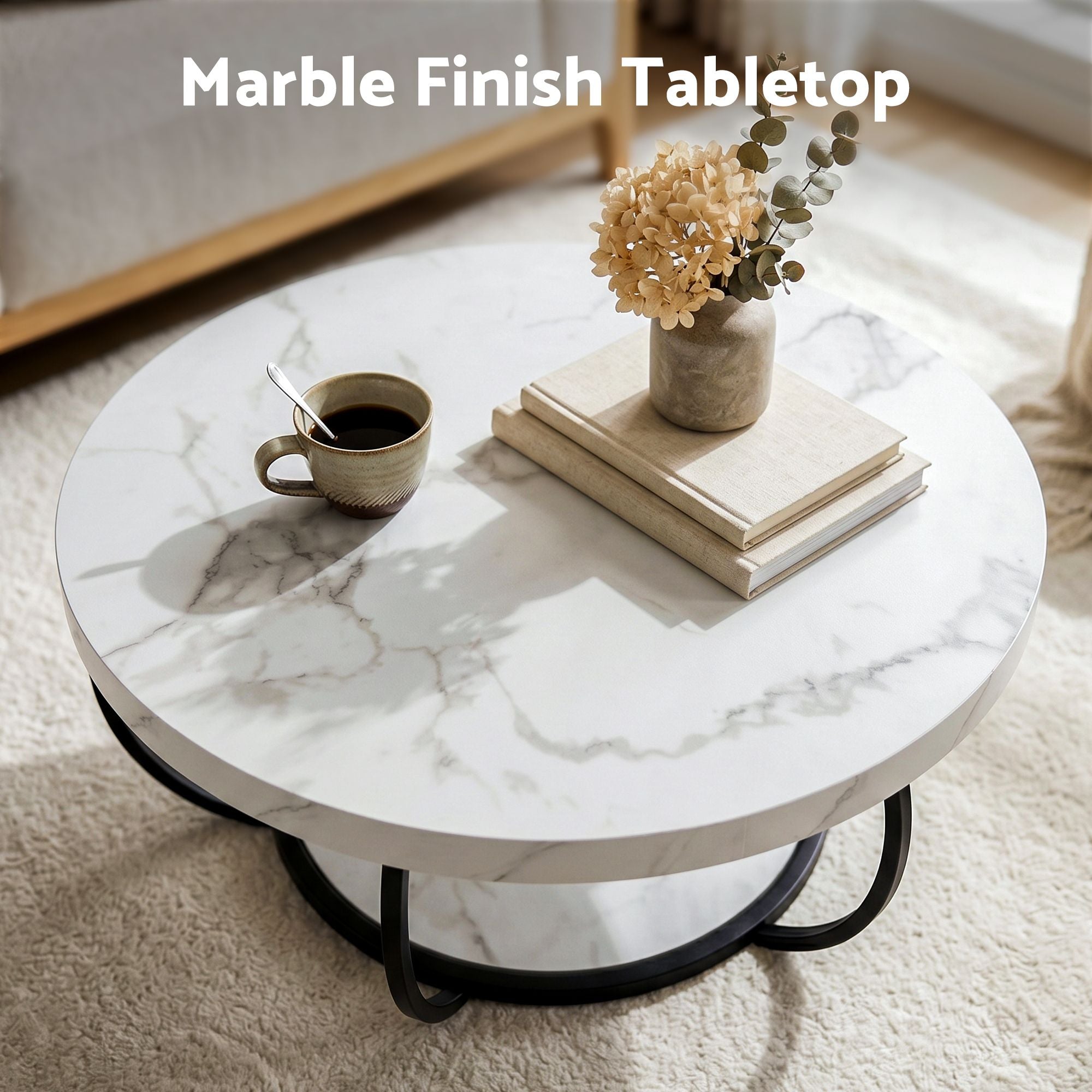 Artiss Coffee Table 2-Tier Marble Finish Round White&amp;Black