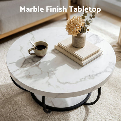 Artiss Coffee Table 2-Tier Marble Finish Round White&amp;Black