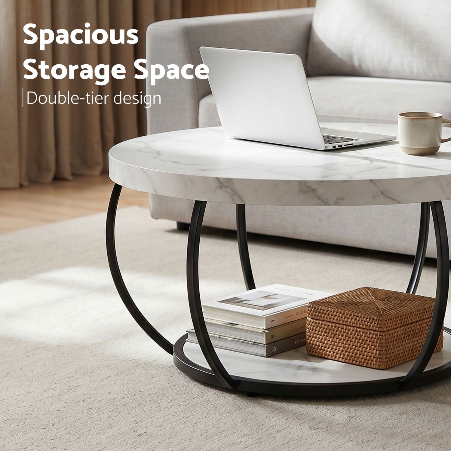 Artiss Coffee Table 2-Tier Marble Finish Round White&amp;Black