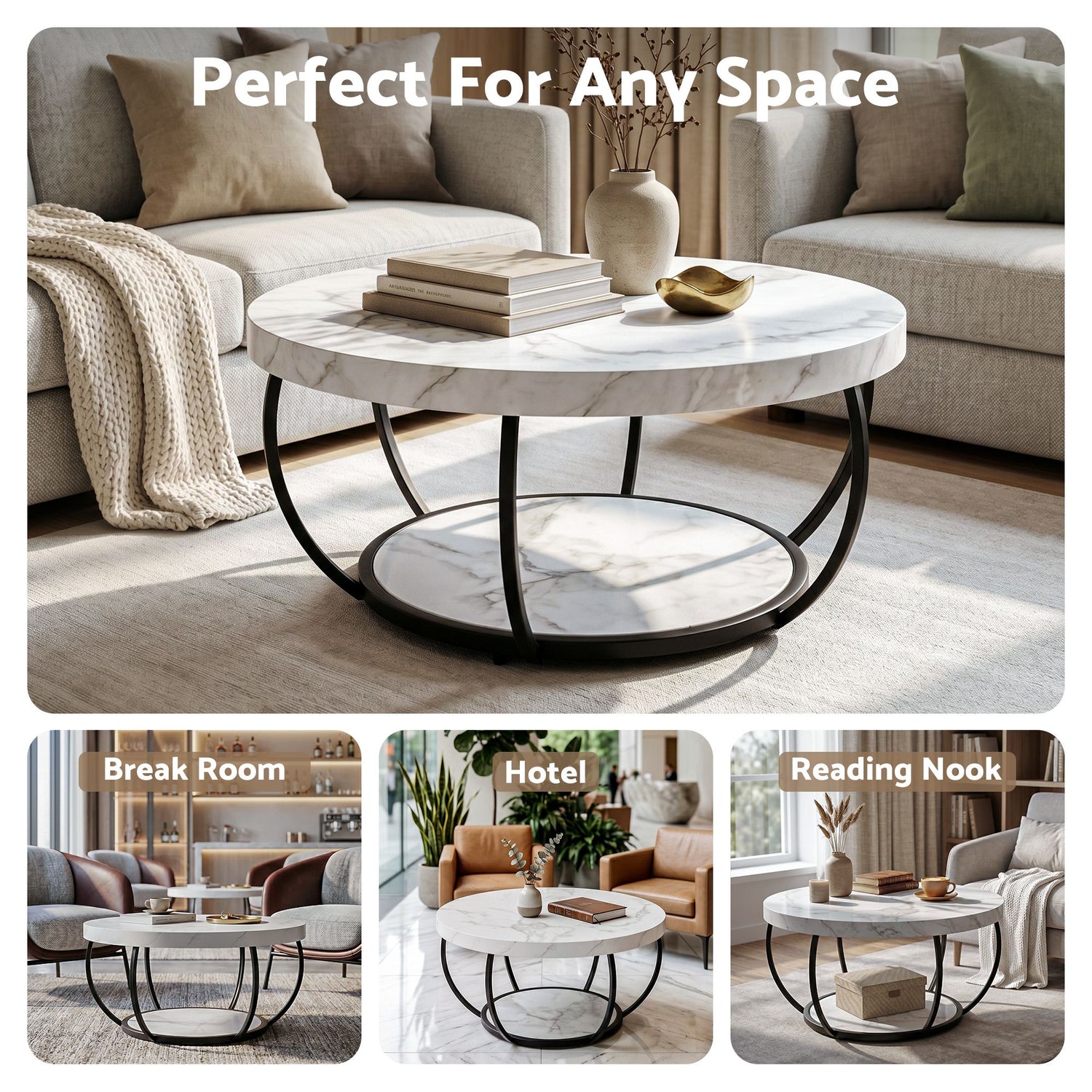 Artiss Coffee Table 2-Tier Marble Finish Round White&amp;Black