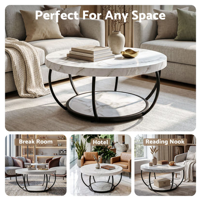 Artiss Coffee Table 2-Tier Marble Finish Round White&amp;Black
