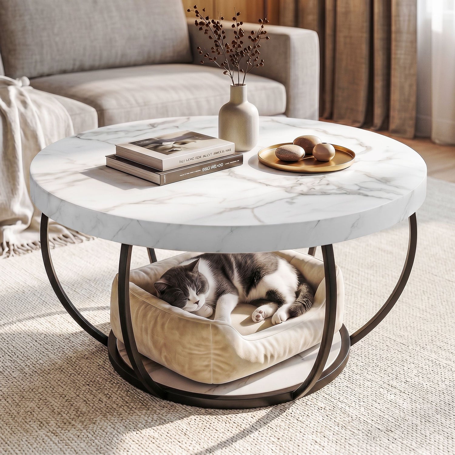 Artiss Coffee Table 2-Tier Marble Finish Round White&amp;Black