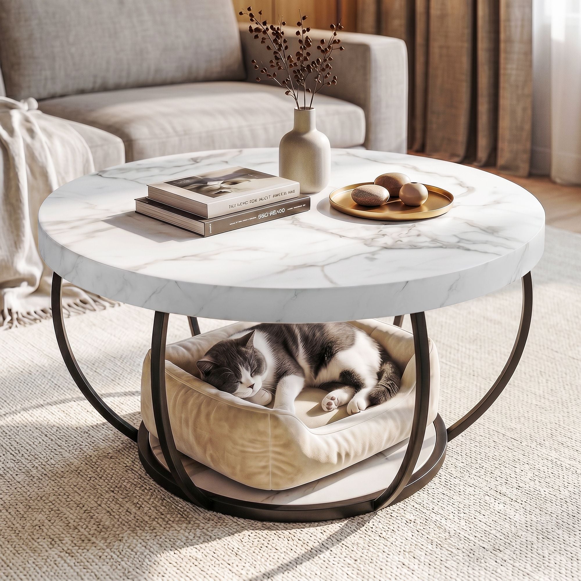 Artiss Coffee Table 2-Tier Marble Finish Round White&amp;Black