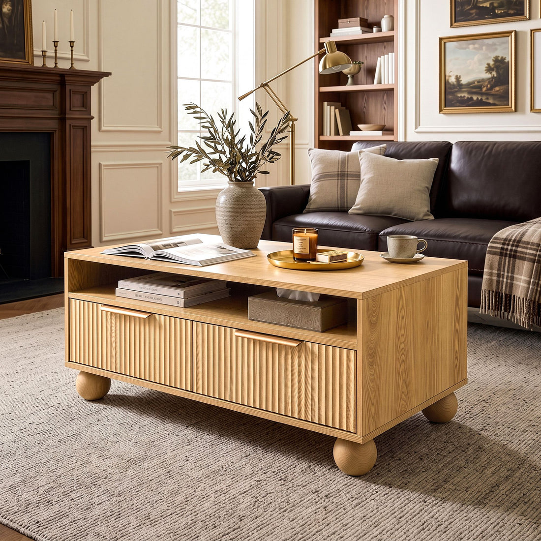 Artiss Coffee Table 90cm Center Table Fluted Drawers Open Shelf Spherical Solid Legs Wood-Furniture > Living Room > Coffee Tables-PEROZ Accessories