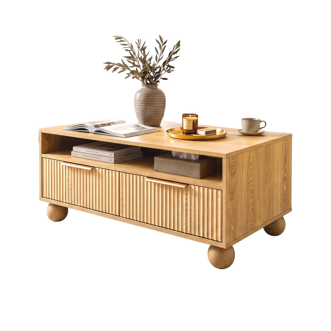 Artiss Coffee Table 90cm Center Table Fluted Drawers Open Shelf Spherical Solid Legs Wood-Furniture > Living Room > Coffee Tables-PEROZ Accessories