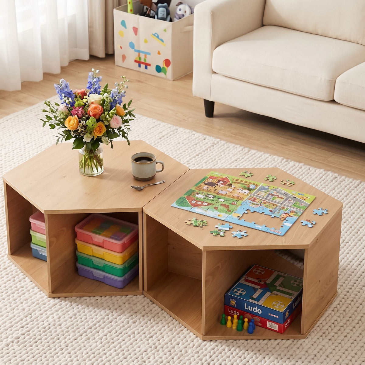 Artiss Set of 2 Coffee Table Hexagonal Center Table with Open Storage 2-Way Display Side Table Wood-Furniture > Living Room > Coffee Tables-PEROZ Accessories