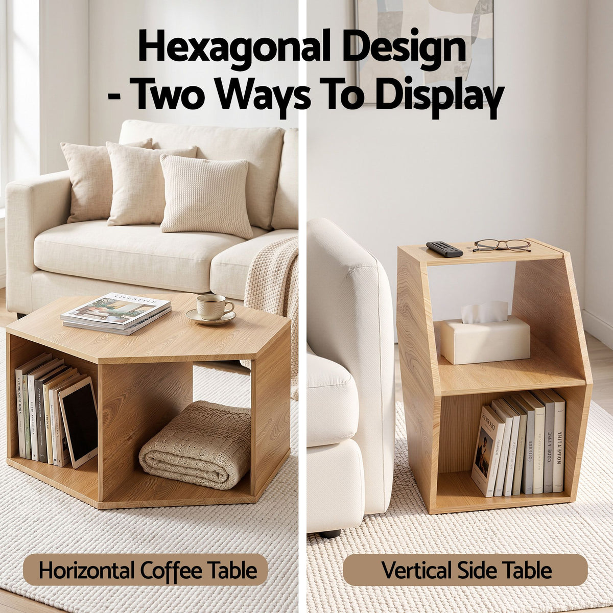 Artiss Set of 2 Coffee Table Hexagonal Center Table with Open Storage 2-Way Display Side Table Wood-Furniture > Living Room > Coffee Tables-PEROZ Accessories