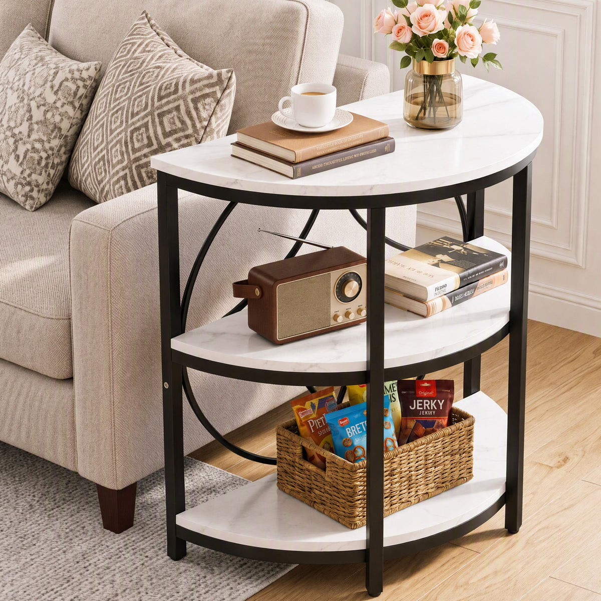 Artiss Semi-Circle End Table 3 Tier Coffee Table Side Nightstand Shelf Marble Effect White&amp;Black