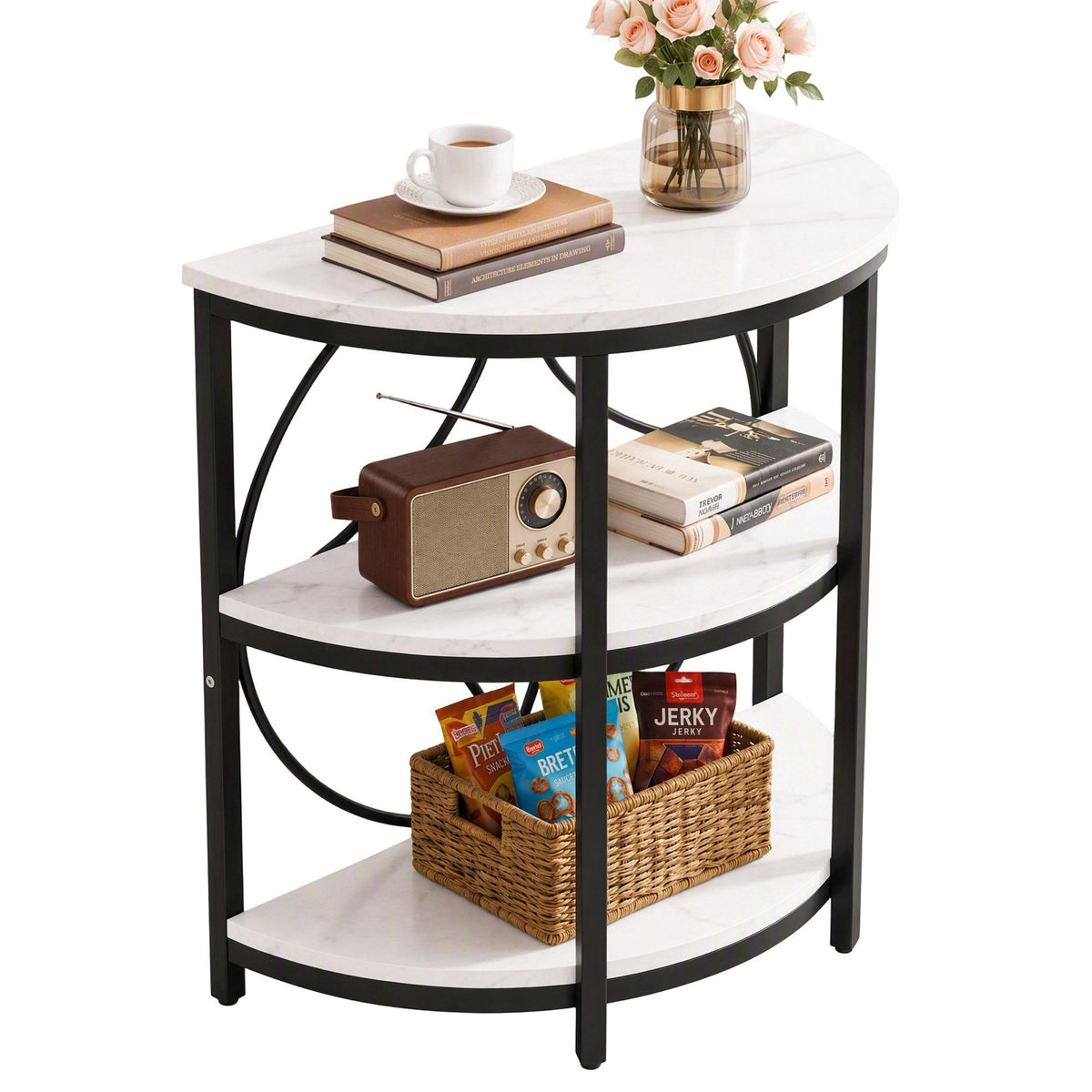 Artiss Semi-Circle End Table 3 Tier Coffee Table Side Nightstand Shelf Marble Effect White&amp;Black