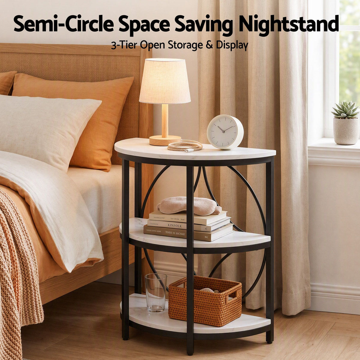 Artiss Semi-Circle End Table 3 Tier Coffee Table Side Nightstand Shelf Marble Effect White&amp;Black