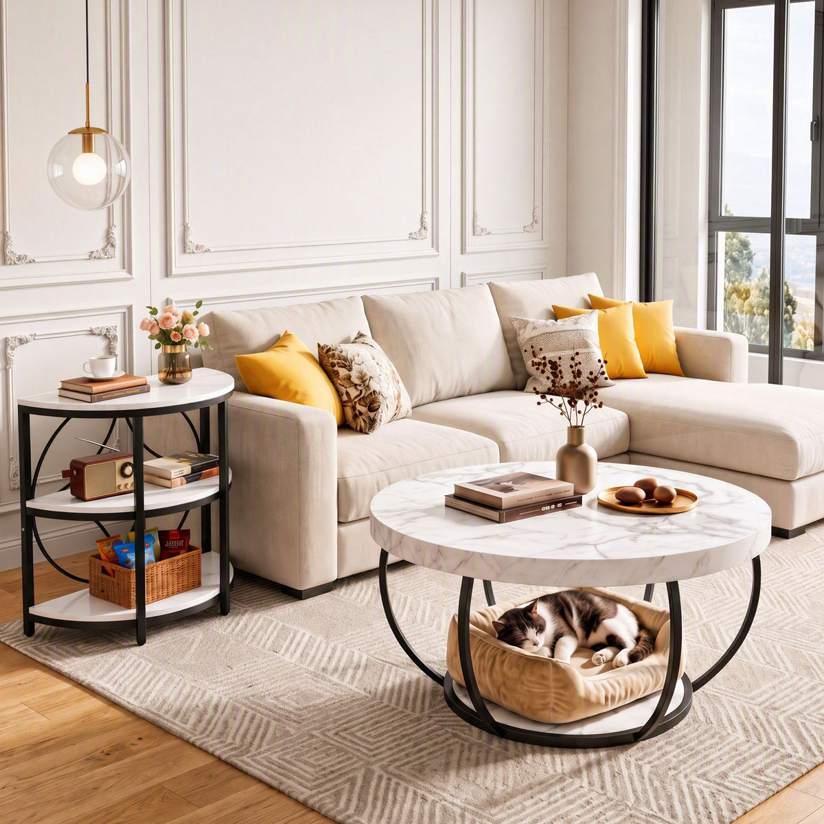 Artiss Semi-Circle End Table 3 Tier Coffee Table Side Nightstand Shelf Marble Effect White&amp;Black