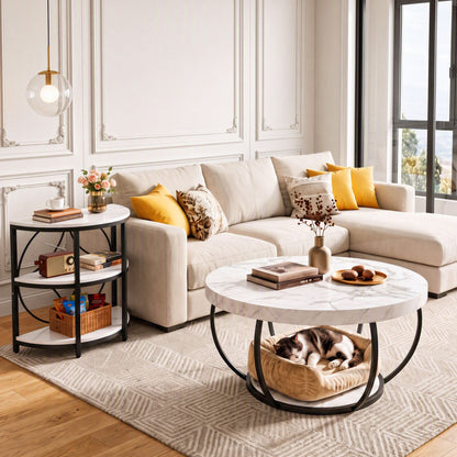 Artiss Semi-Circle End Table 3 Tier Coffee Table Side Nightstand Shelf Marble Effect White&amp;Black