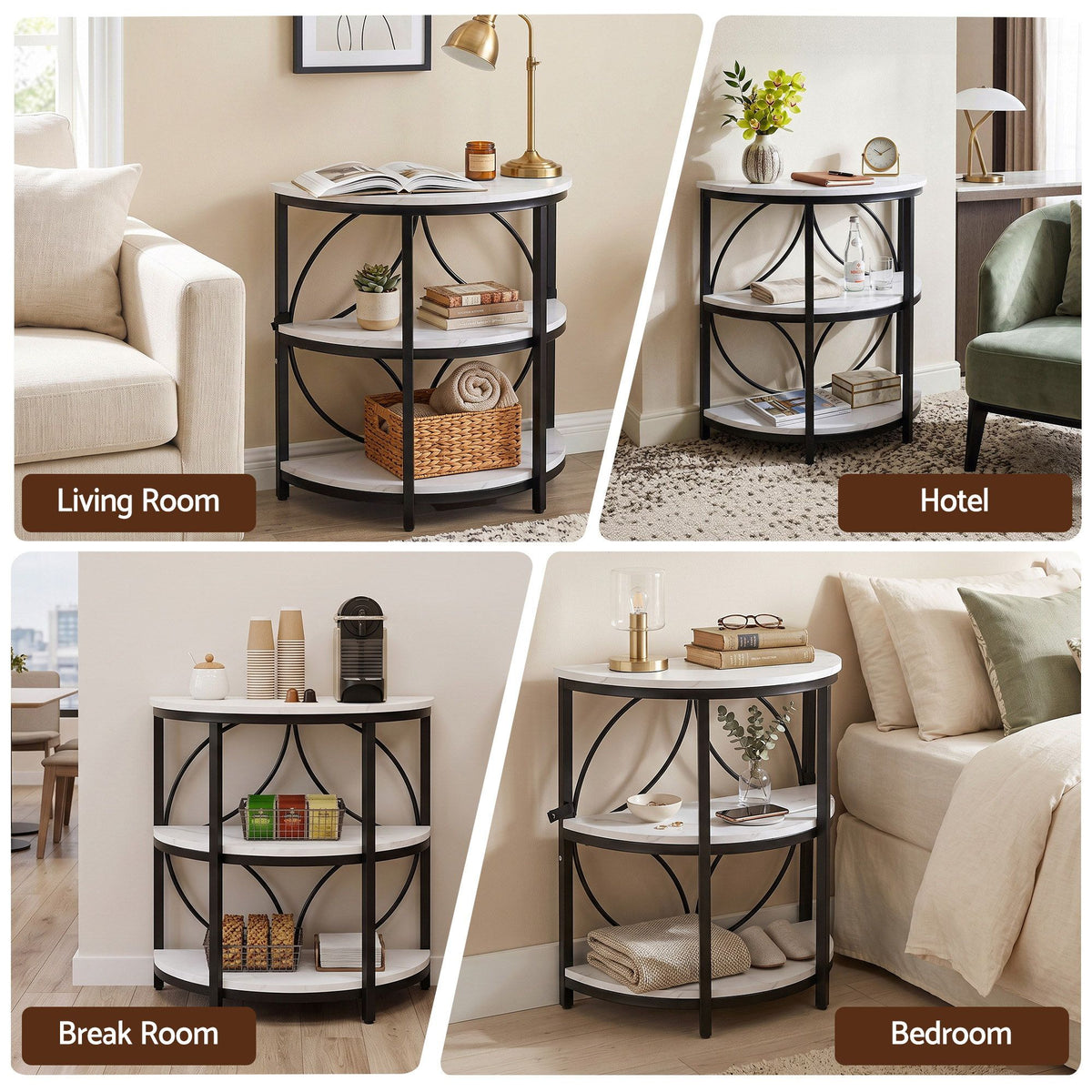 Artiss Semi-Circle End Table 3 Tier Coffee Table Side Nightstand Shelf Marble Effect White&amp;Black