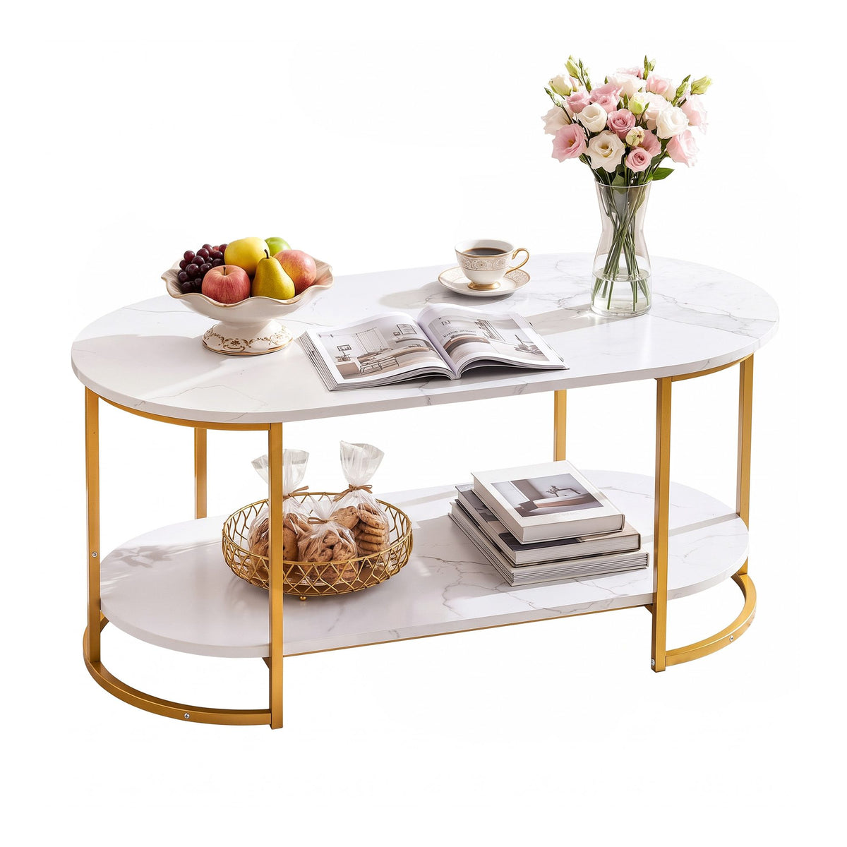 Artiss Coffee Table 2 Tier Oval Marble Finish Storage Shelf Metal Frame Center Table Living Room 100x50x45cm White &amp; Gold-Furniture > Living Room > Coffee Tables-PEROZ Accessories