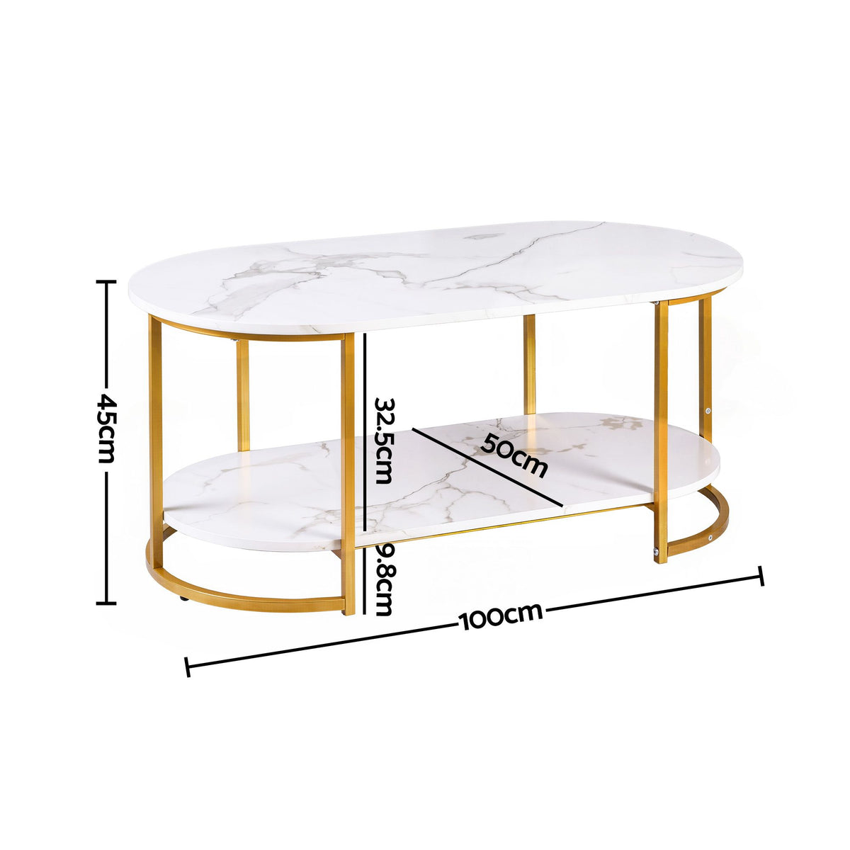 Artiss Coffee Table 2 Tier Oval Marble Finish Storage Shelf Metal Frame Center Table Living Room 100x50x45cm White &amp; Gold-Furniture > Living Room > Coffee Tables-PEROZ Accessories